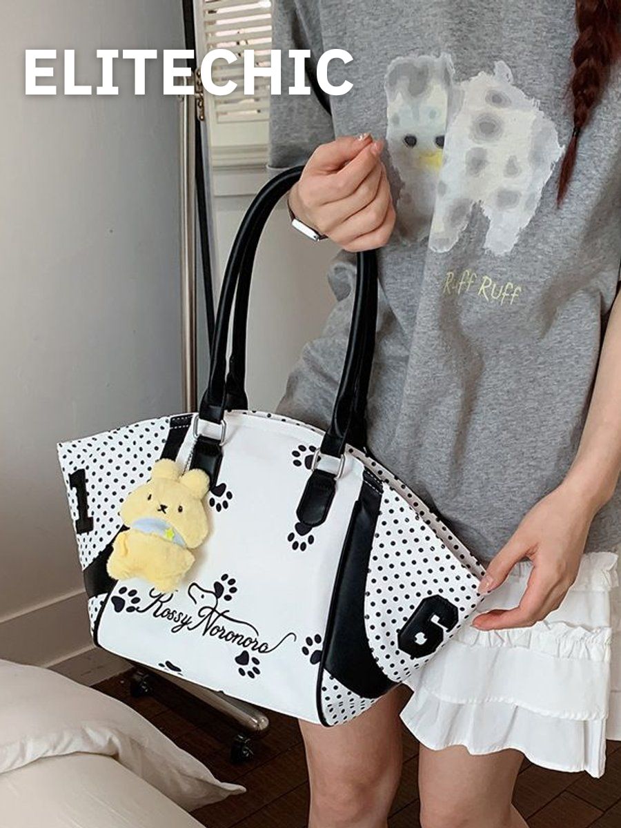 Tay xách túi tote chấm bi màu trắng