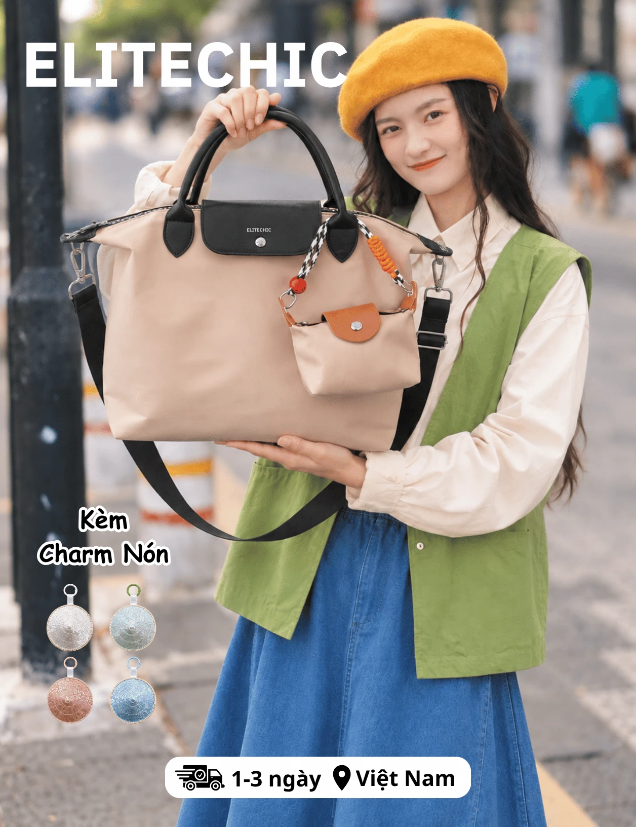 Cô gái đội mũ nồi cầm túi tote nylon màu be