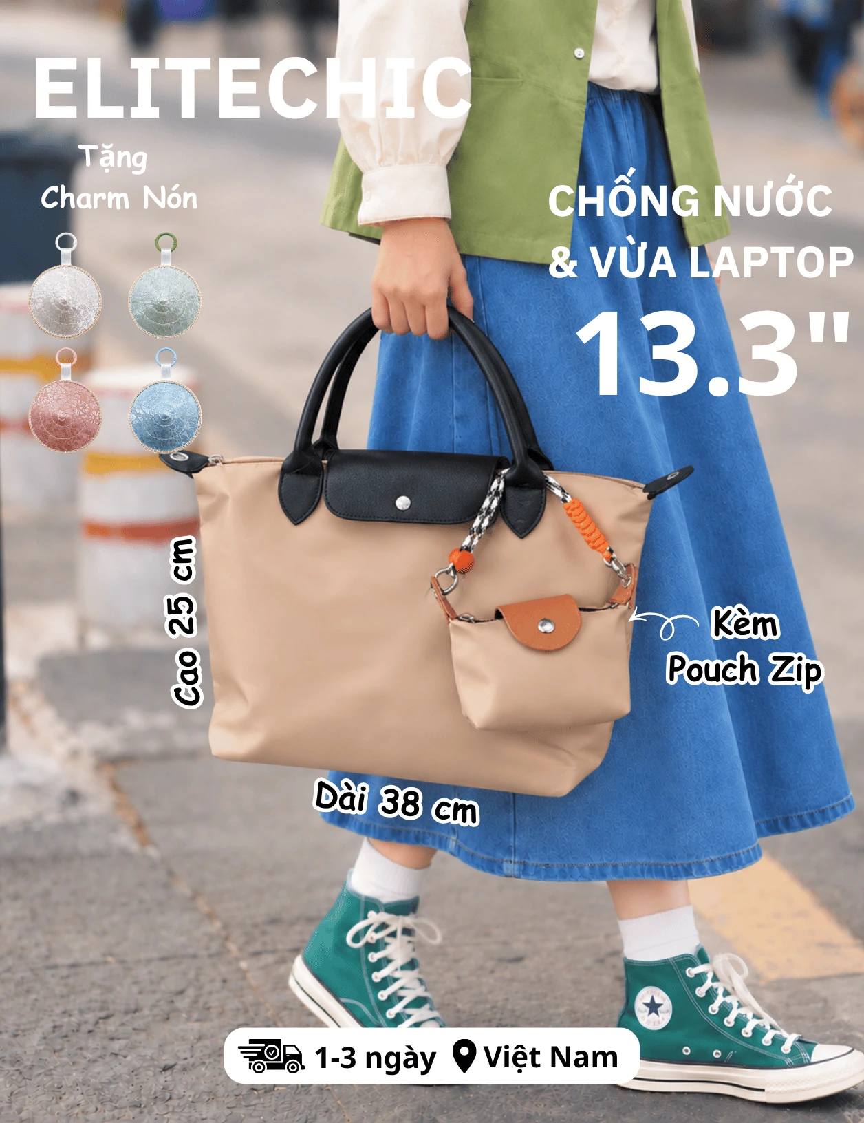 Túi tote nylon màu be kèm pouch zip, kích thước 38 × 25 cm