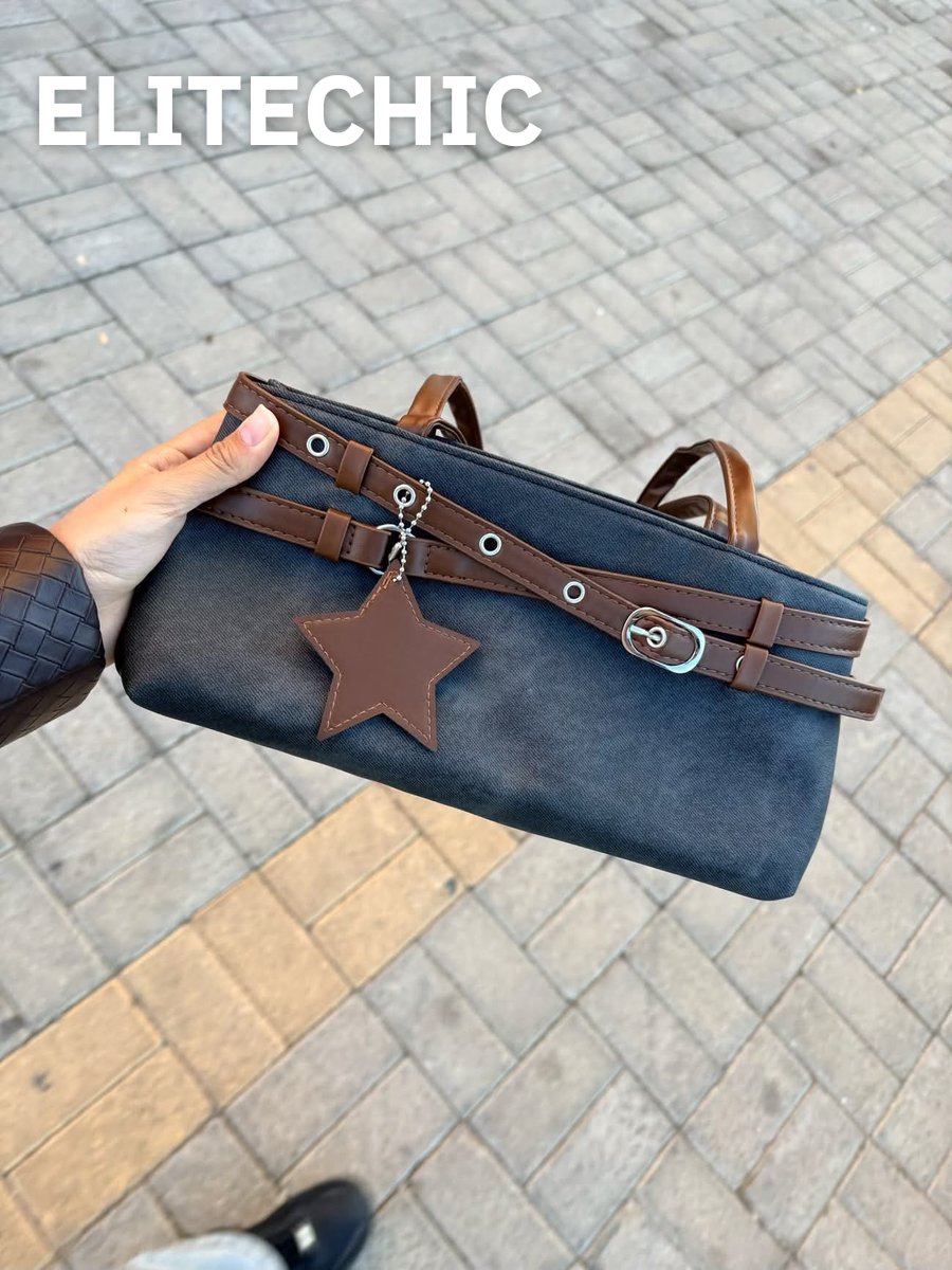 Tay cầm túi tote mini đai thắt màu xanh denim